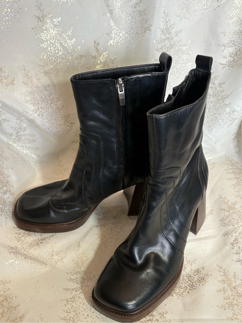 Nine West Black Leather Platform Block Heel Ankle Boots - Picture 15 of 16